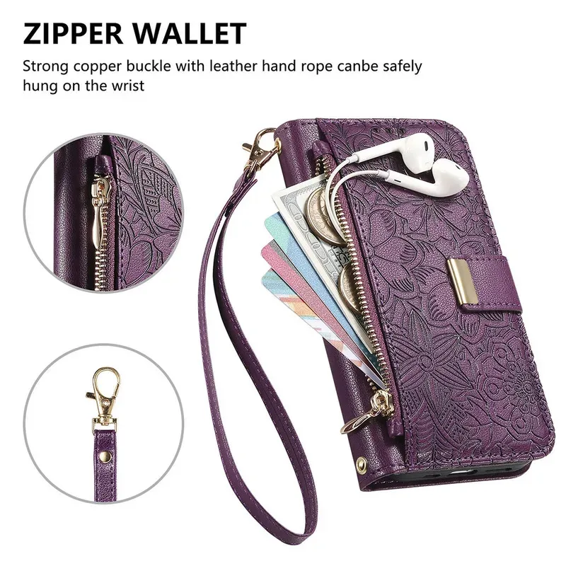 Zipper Wallet Flip Case with Card Holder and Wrist Strap