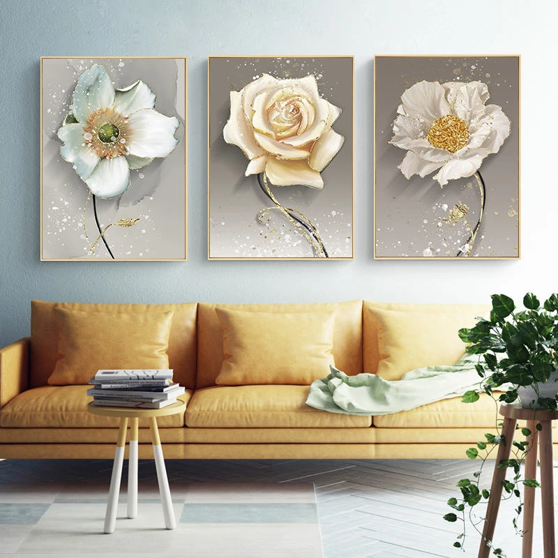 Flower Poster Wall Art Canvas Painting Nordic Home Decor Marble Golden Abstract Art Posters and Prints Living Room Decoration