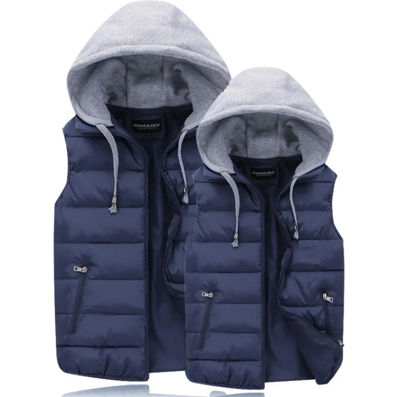 Autumn Winter Vests Hooded Jacket With Zipper Men's Outerwear Cotton Vest Thickened Windproof Warm Cotton Down Vest Men Women
