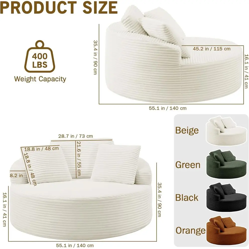 Round Corduroy Chaise Lounge Chair Cloud Sofa Bed No Assembly Living Room/Bedroom Customized