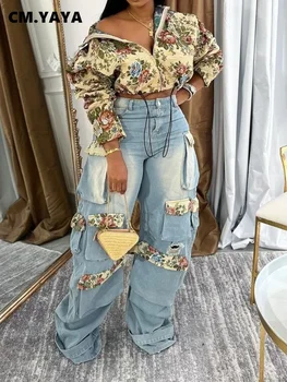 CM.YAYA Washed Denim Women's Set Full Sleeve Floral Jacket and Pockets Cargo Jeans Pants Suit 2024 Street Two 2 Piece Set Outfit 1