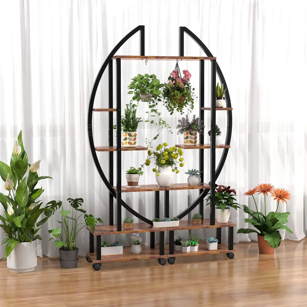 

2 Pcs 6 Tier Flower Pots Stand with Hanging Loop, Half Moon Shaped Multi Purpose Plant Stands, Tall Metal Indoor Plant Stand