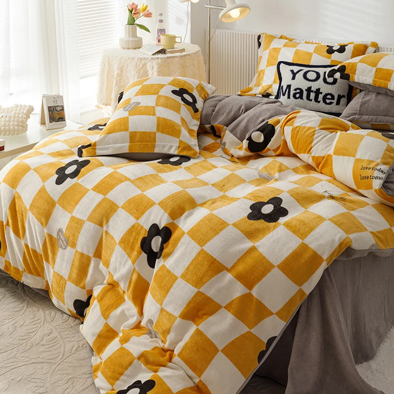 Winter New Crystal Velvet Warm Duvet Cover Set Nonstatic Checkerboard