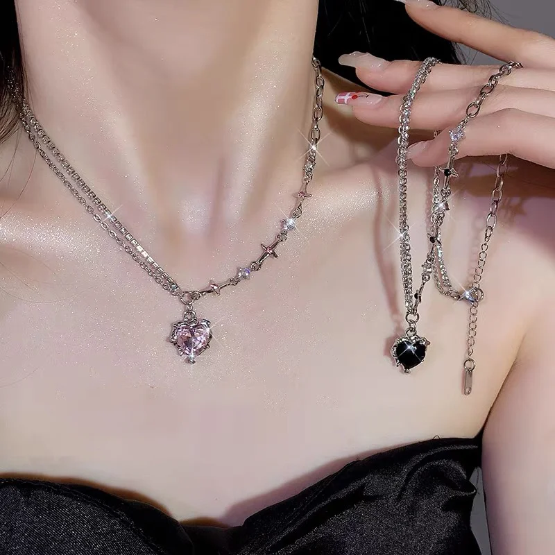 Y2k Pnk Slver Necklace, Y2k Pnk Crystal Aesthetc Necklace, Cross