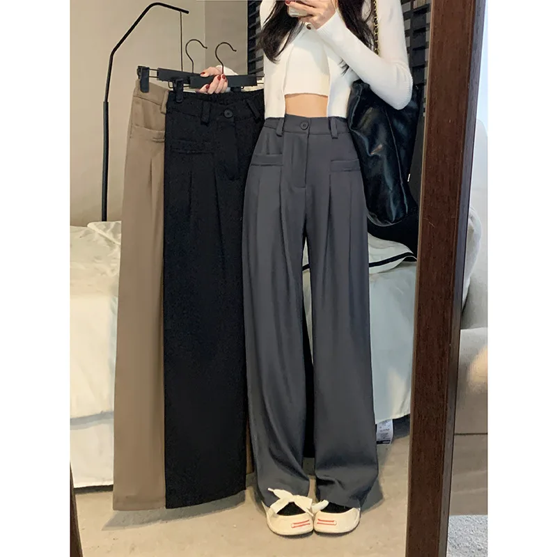 

Casual Suit Trousers Women High Waist Draped Floor Length Spring Autumn Wide Leg Pants Long Straight Pants Fashion Grey Black