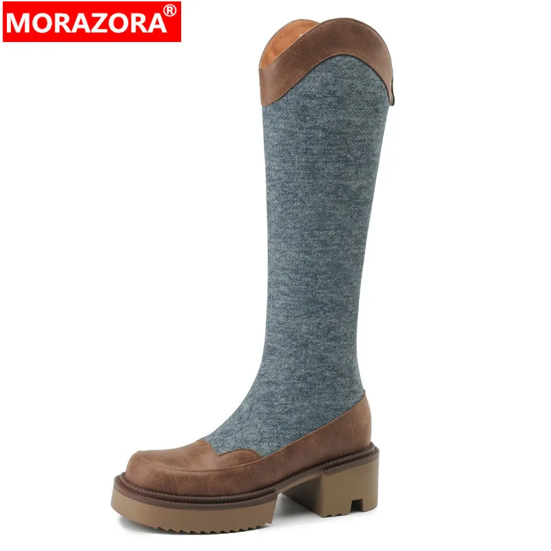 

MORAZORA 2024 New Genuine Leather Zipper Platform Boots Mixed Colors Square Med Heels Boots Top Quality Ladies Knee High Boots
