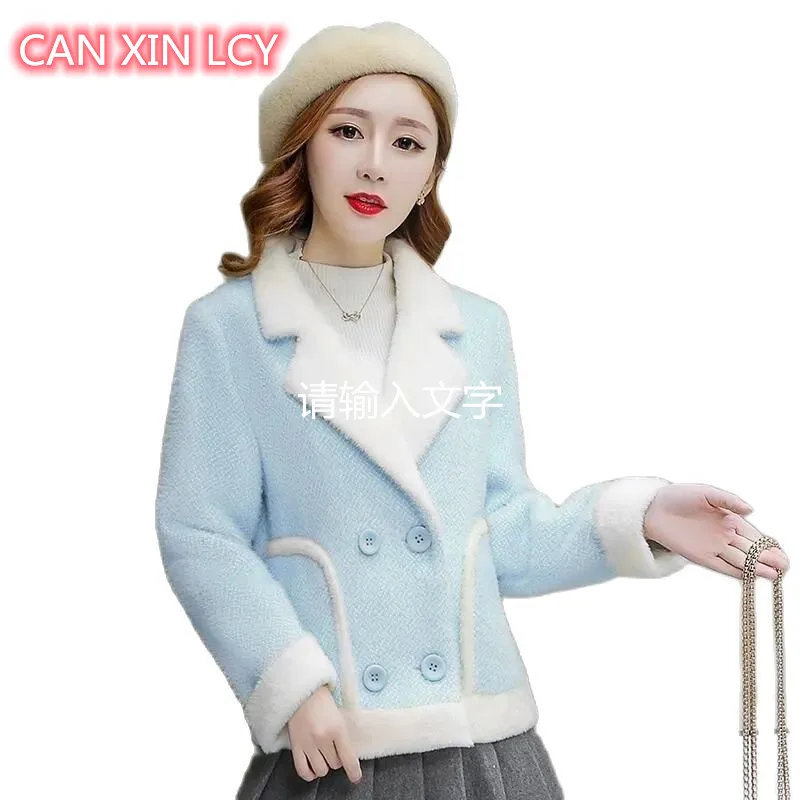 

Короткое шерстяное пальто из искусственной норки и бархата, женское осенне-зимнее новое шерстяное пальто в Корейском стиле, Женская куртка, женский весенний Топ