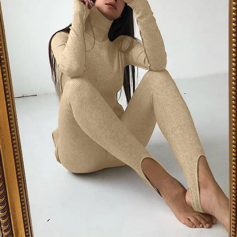 Women Knitted Skinny Two Piece Set Turtleneck Side Split Top And Legging Pants Suits Spring Autumn Bodycon Fitness Tracksuit formal pant suits Suits & Blazers
