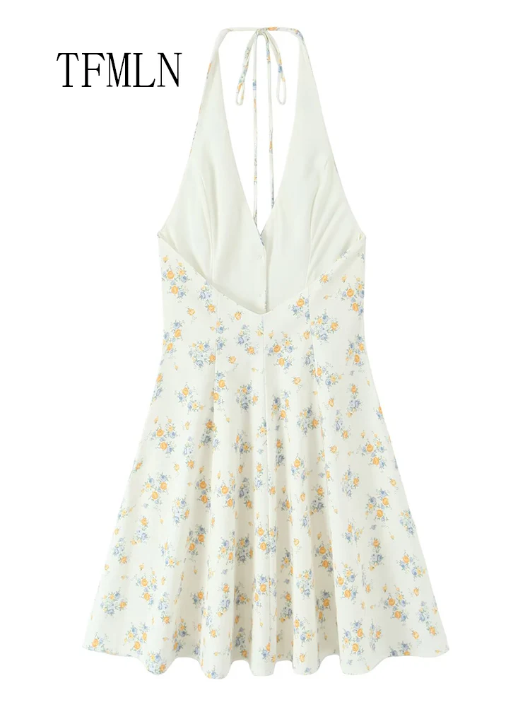 TFMLN 2025 Summer Women Floral Print Halter Dress Sweet Ladies Single Breasted Party A-Line Dress Fashion Causal Backless Dress