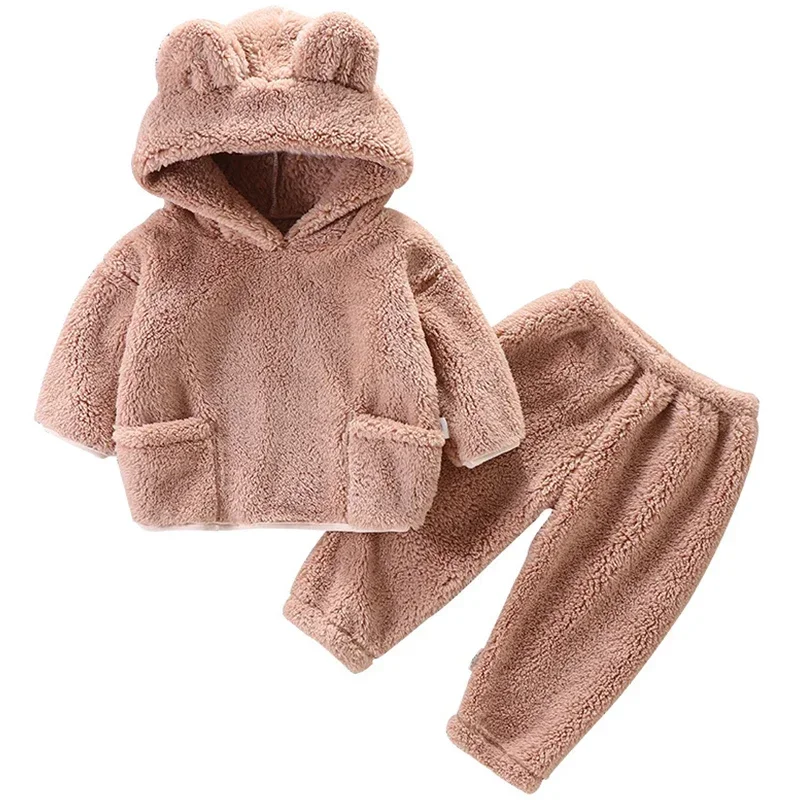 2Piece Autumn Winter Kids Clothes Girl Boys Outfit Sets Fleece Warm Cute Hooded Tops + Pants Baby Luxury Boutique Clothing