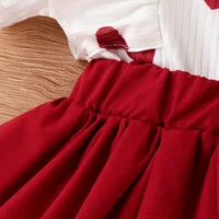 PatPat 2pcs Baby Girl Heart Print Ruffled Short-sleeve Faux-two Bow Front Dress & Headband Set Soft and Comfortable 6