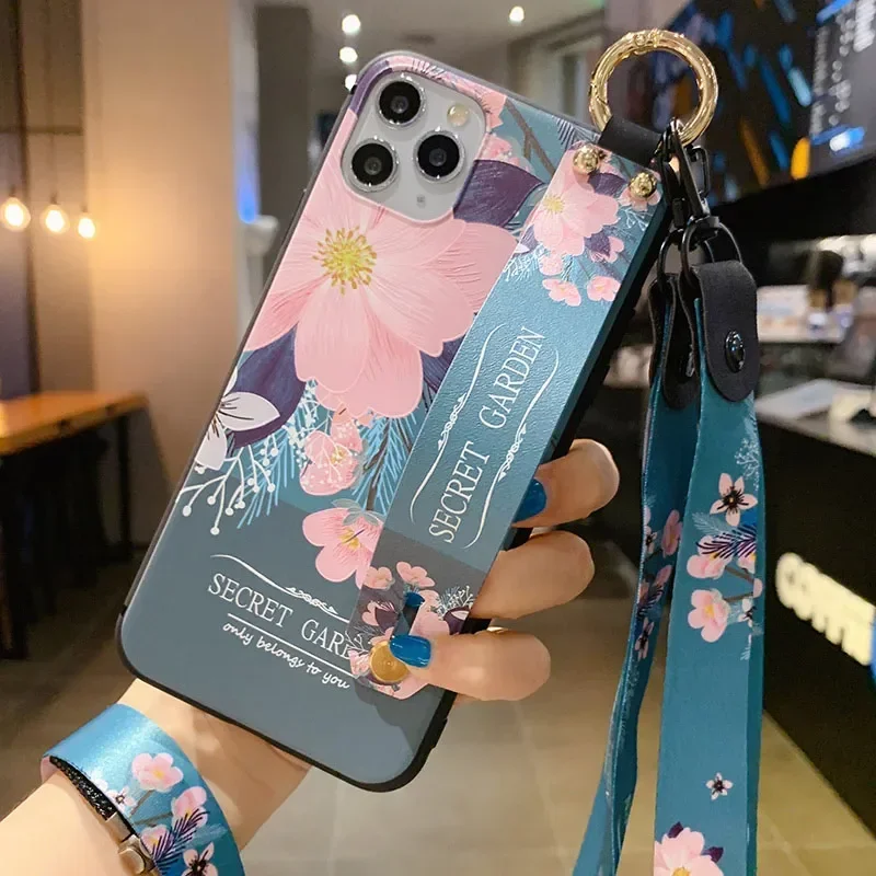 Retro Colorful Flower Soft TPU Phone Holder Lanyard Case with Neck Wrist Strap