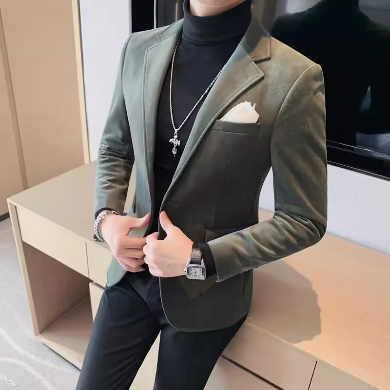 Men's Wool Suit Jacket High Quality Fashion One Grain Single Breasted Velvety Casual Solid Color Single West Fork