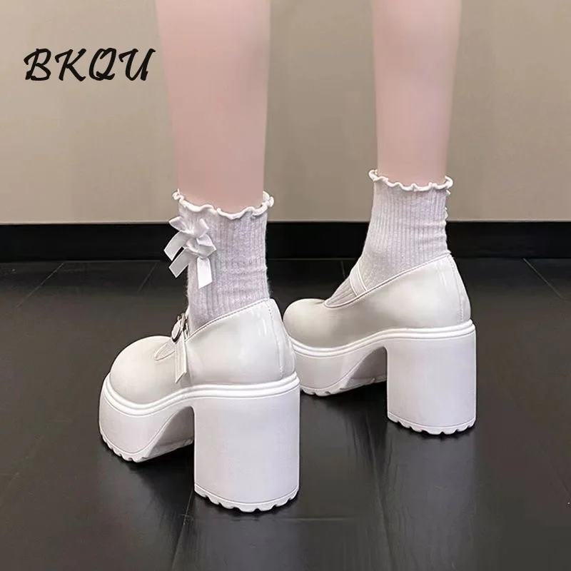BKQU Brand 2024 Summer New Women's Mary Jane Shoes Lolita Retro Style Ultra High Heel 9cm Thick Heel Walking Safety