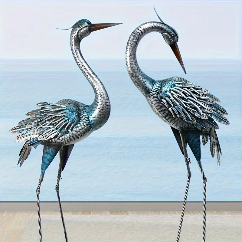 Rustic Metal Garden Crane Statues 4