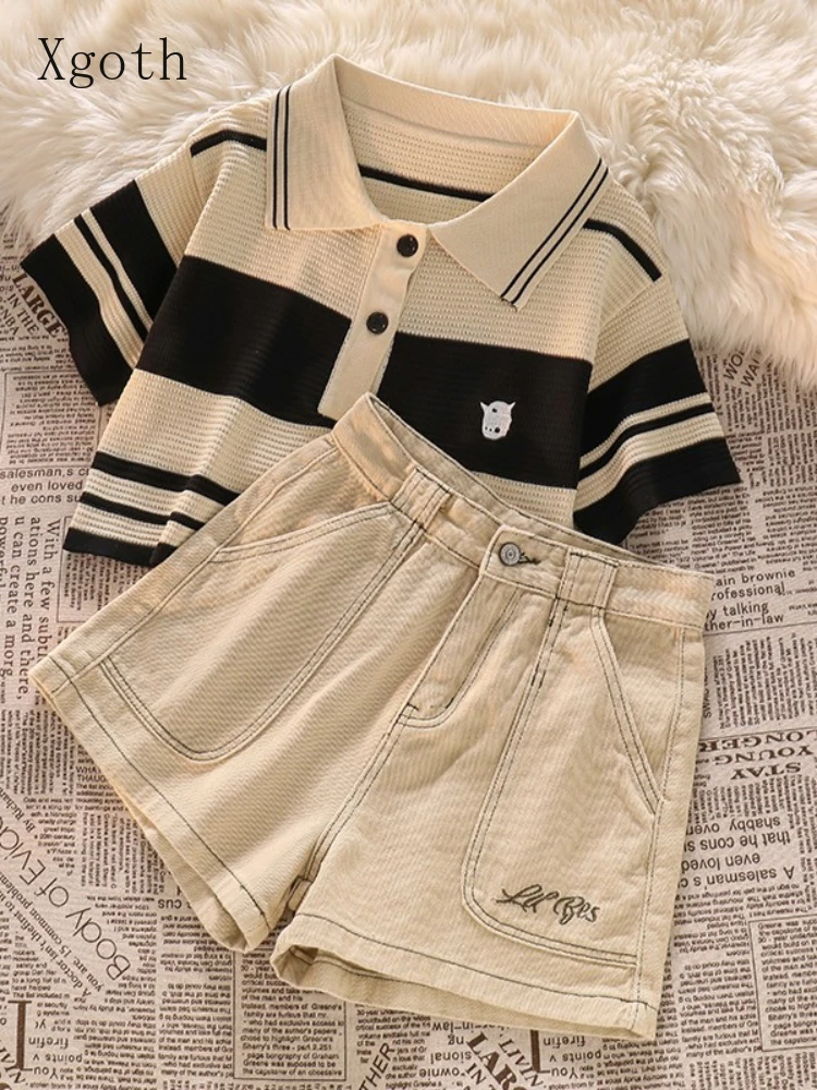 Xgoth Summer Atmosphere Suits Collar Short-sleeved T-shirt + Khaki Short Denim Shorts Milk Tea 2pcs Suits High Street Set