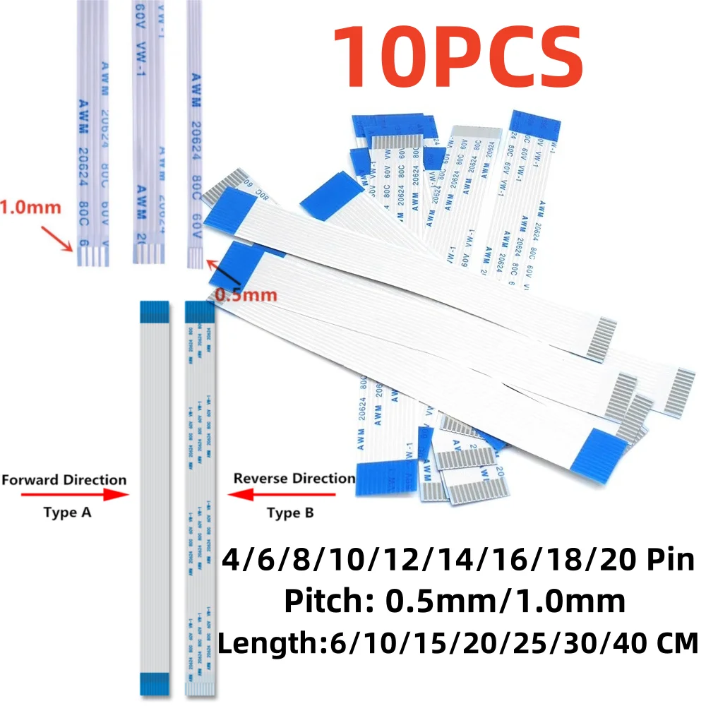 Гибкий плоский кабель FPC FFC, 10 шт., 4/6/8/10/12/14/16/18/20 Pin, шаг 0,5 мм, 1,0 мм, A-тип, длина провода 6/10/15/20/25/30/40 см