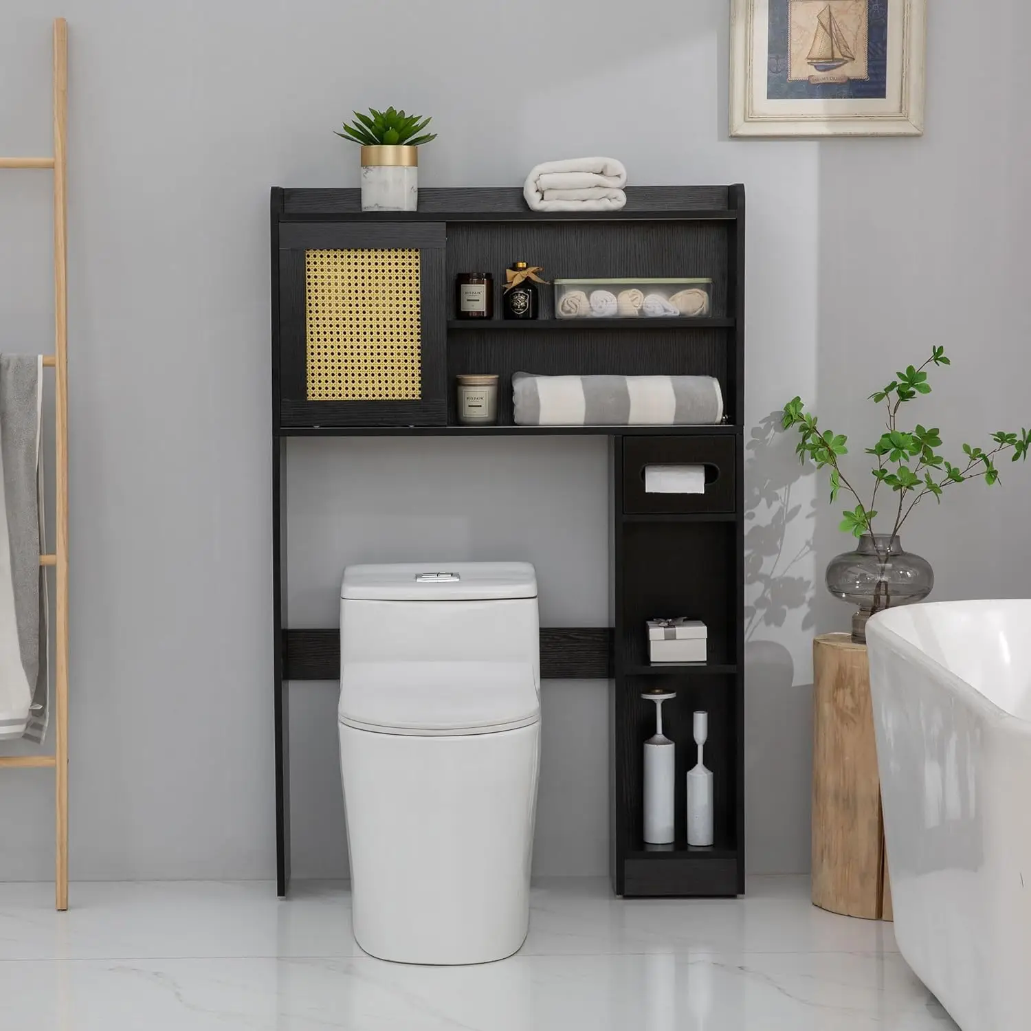 

SUNTAGE 6Tier Over The Toilet Storage Cabinet, Freestanding Above Toilet Space Saver Rack w/Adjustable Shelves, Sliding Door