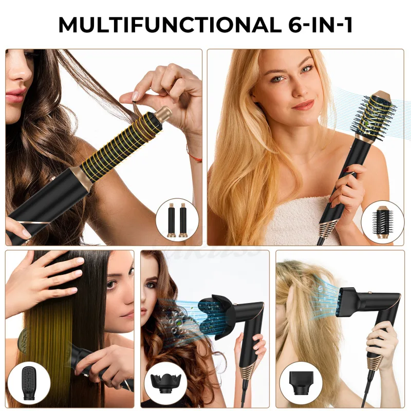 【US/UK/EU Plug】Household 6-in-1 Multifunctional Electric Hair Dryer Comb Non Damaging Hair Foldable Automatic Curling Iron