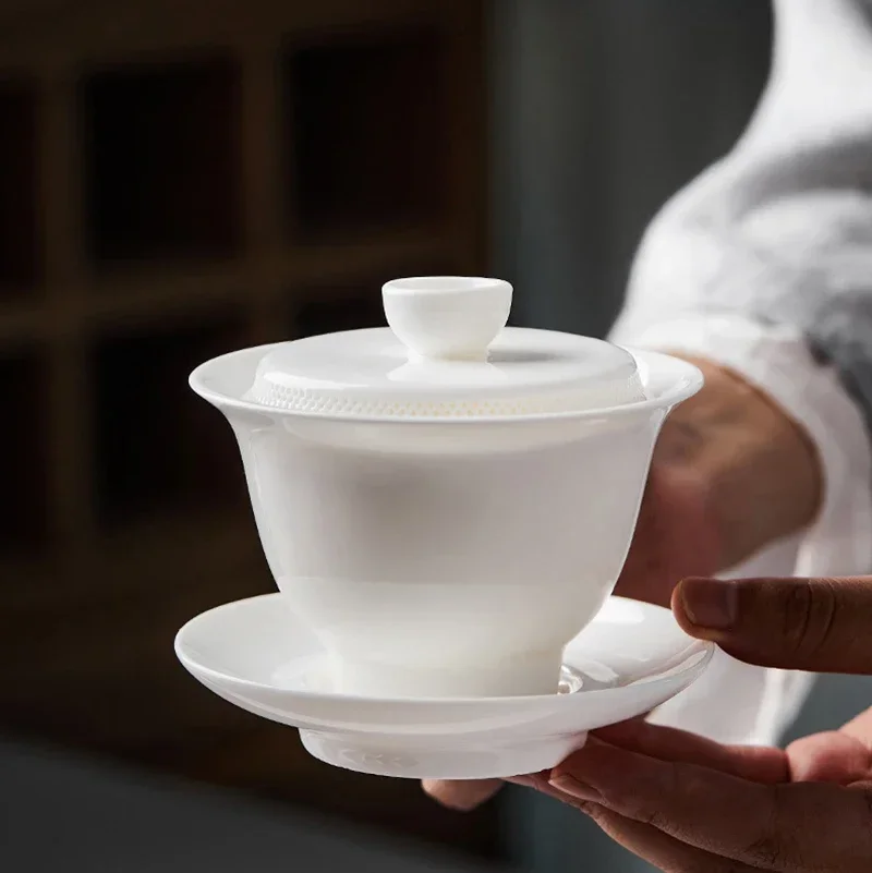Tea set Sheep Fat Jade White Porcelain Gaiwan filtered tea bowl anti scalding design single ceramic tea cup Kung Fu Set