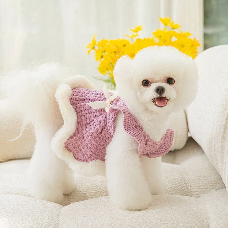 중공 뜨게 애완 동물 고양이 원피스, 가을 보라색 여성 강아지 옷, 프렌치 불독 활 넥타이 장식, 따뜻한 애완 동물 강아지 전체