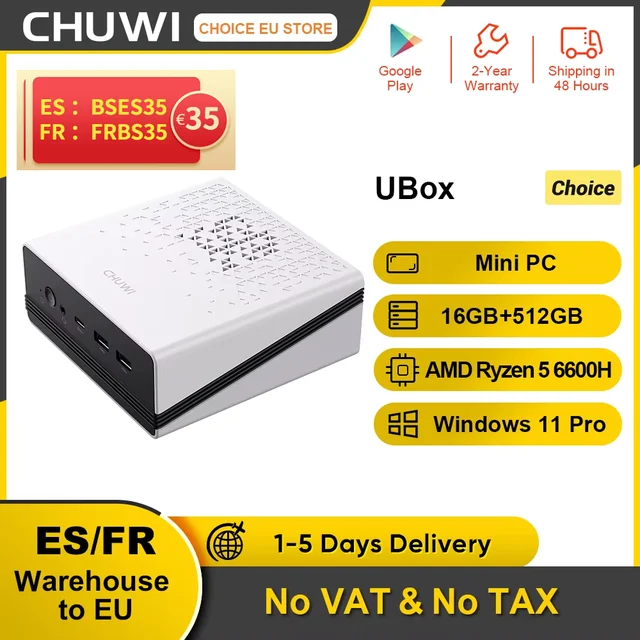 CHUWI UBox Mini PC AMD Ryzen 5 6600H 16 GB DDR5 512 GB SSD Windows 11 Pro 4K 144 Hz Decorazione WiFi 6 BT 5.2 Estendi M.2 1T*2 650 g 128*130,5*57(H) mm 1
