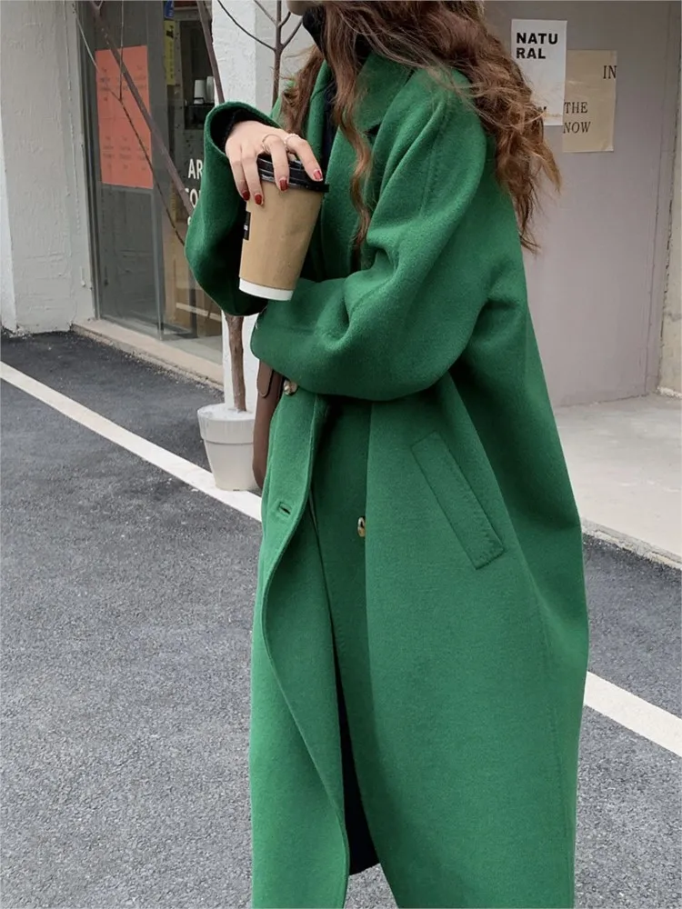 

French Lazy Style Double-Breasted Long Woolen Coats For Women Solid Casual Retro Female Outerwear 2022 Autumn Winter