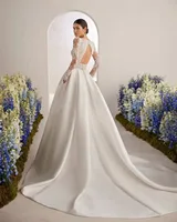Modest Lace A-line Satin Wedding Dress 2025 Customized Pockets Open Back Long Sleeve Women Princess Brides Wedding Gown 2