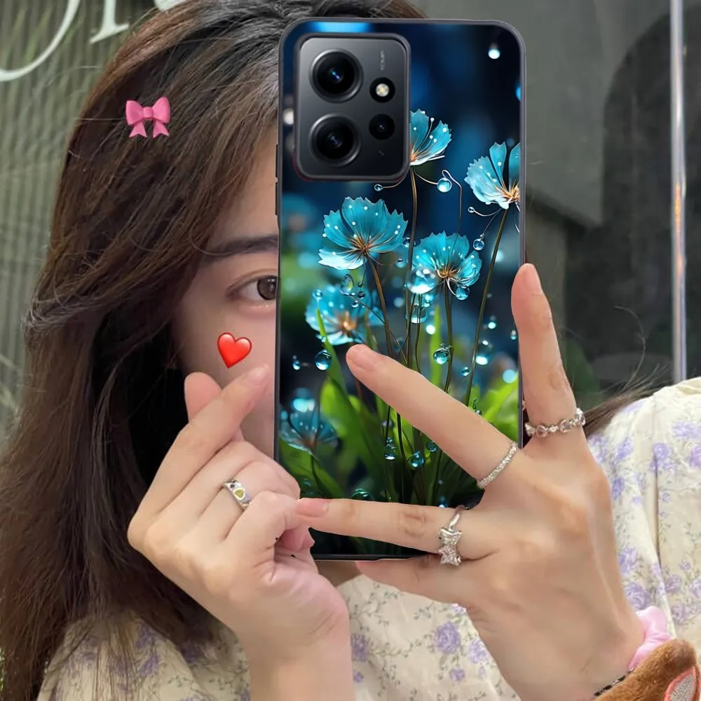 Dew Leaves Flowers Mobile Phone Case For Xiaomi 13 12 11 S T Ultra Lite Redmi Note 12 10 Poco F4 F5 X5 Pro 5G Black Cover Funda