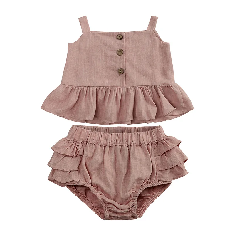 2022 Kid Summer New Solid Set Girl Simple Sleeveless Sling Tees And Toddler Fashion Ruffled Shorts 2pc suit infant clothes baby dress set for girl Baby Clothing Set