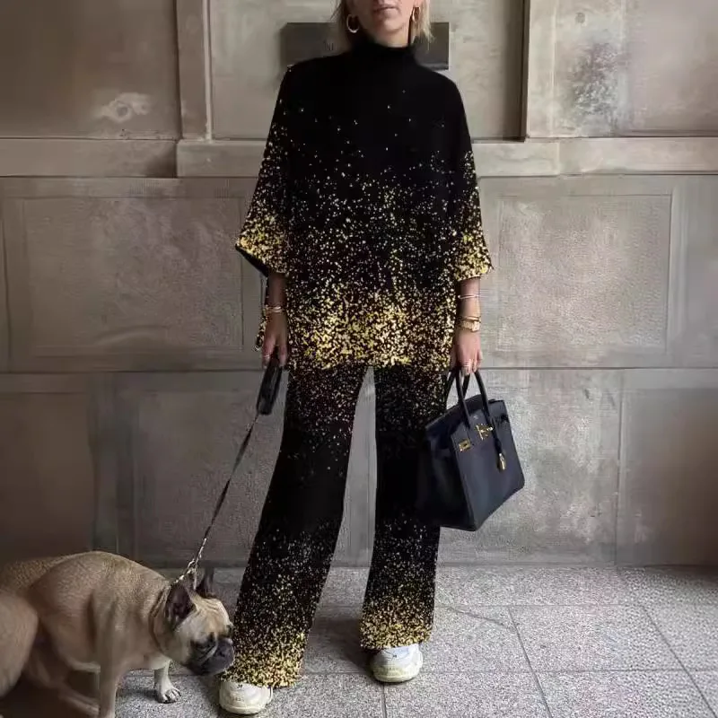 

Женский костюм большого размера на весну и осень, новинка 2024, модный Свободный топ и брюки с высоким воротником и принтом в стиле ретро