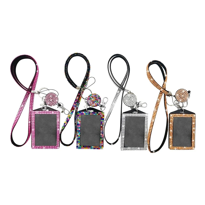 4sets Rhinestone Lanyard Bling Id Card Holder Crystal Retractable Badge