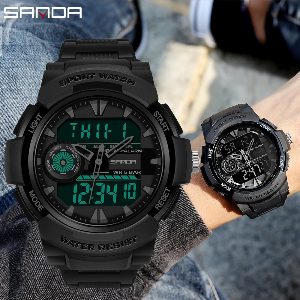 

SANDA Youth Fashion Digital Watch Men Shockproof Waterproof Dual Wristwatches LED Chrono Alarm Clock Mens Watches Cool Hour 6002