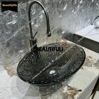 อ่างล้างหน้าคริสตัลแก้วใสสีชมพู B567 อ่างล้างหน้าดีไซน์หรูหราสไตล์ศิลปะ อ่างล้างหน้าทรงรีแบบมีตะแกรงแน่นสำหรับใช้ในบ้าน 1