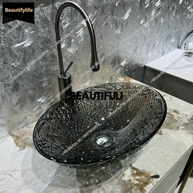 อ่างล้างหน้าคริสตัลแก้วใสสีชมพู B567 อ่างล้างหน้าดีไซน์หรูหราสไตล์ศิลปะ อ่างล้างหน้าทรงรีแบบมีตะแกรงแน่นสำหรับใช้ในบ้าน 1