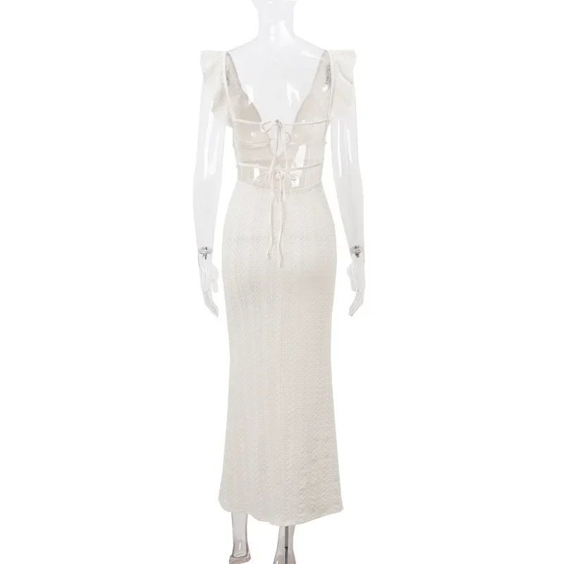 Knit V-Neck Fashion Maxi Dress Women's Slim High Waist See-Through Patchwork Bandage Backless Dress Female Knitwear Dress