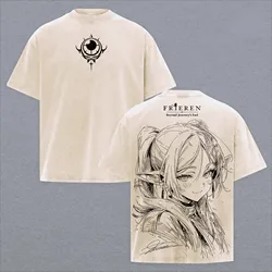 Vintage Washed Anime Frieren Graphic Men's Oversized Cotton T - Shirt - Summer Casual Short Sleeve Tee - XXL (Beige)