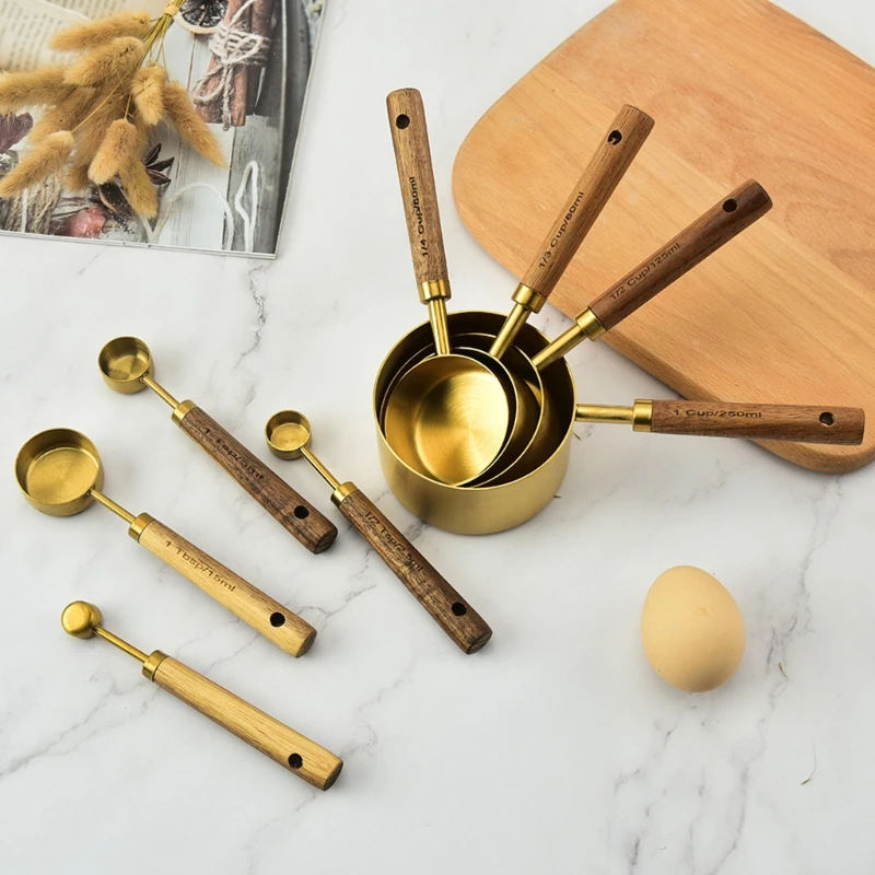 Stainless Steel Measuring Spoons With Scale Wooden Handle Household Kitchen Dining Bar Baking Tools Measuring Cups 4/8pcs