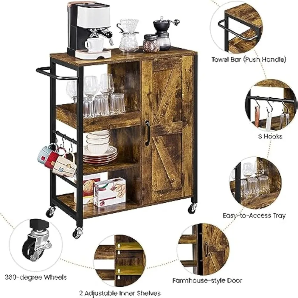Kitchen Cart with Storage, Rolling Kitchen Island Serving Utility Trolley Cart with Storage Cabinet & Adjustable Shelves