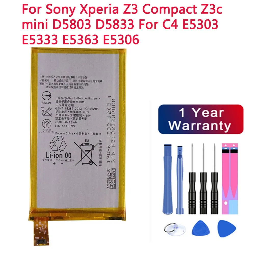 

New 2600mAh LIS1561ERPC Battery For Sony Xperia Z3 Compact Z3c mini D5803 D5833 For C4 E5303 E5333 E5363 E5306 Phone Bateria
