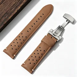 Matte Vintage Brown Leather Breathable Porous Watch Straps - Black Buckle (LightBrown)