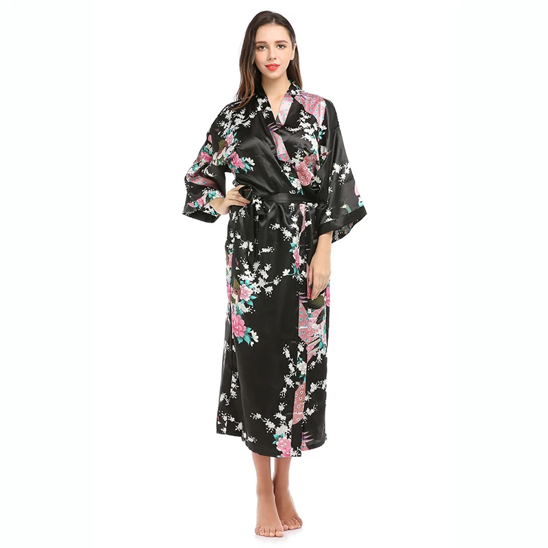 Women Sleepwear Bride Robes Silk Robe Womens Silk Satin Kimono Robes Long Sleepwear Dressing Gown Floral Peacock Printed Pattern Party Wedding Bridesmaid Bathrobe