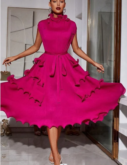 

Miyake Pleated Women Dress Sleeveless Loose Bandage Design Long Solid Color Evening Party Dresses Fashion Maxi Dress 2024 New