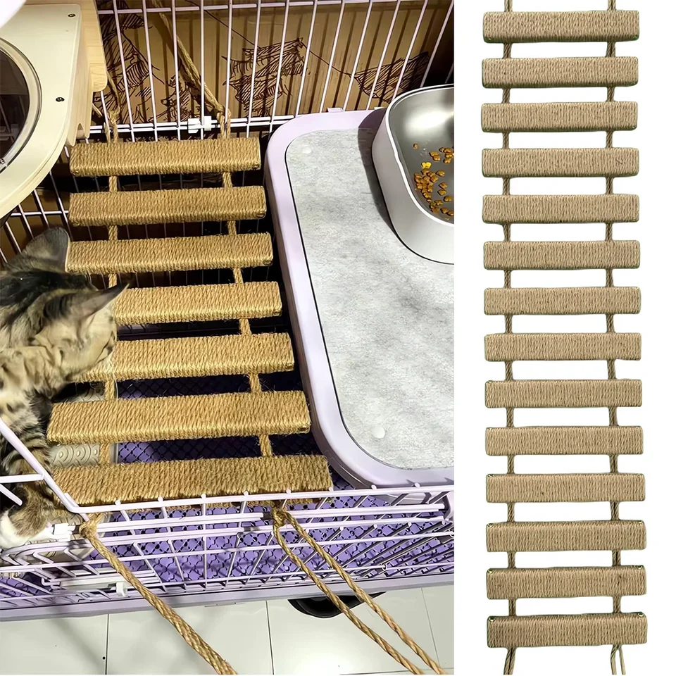 AiQima Touwladder, Kattenladder Brug Muur Kooi Sisal Touw Klimrek Huisdier Meubels Stap Krabpaal Kitten Speelgoed Toren Met Hangmat/100Cm Full Sisal Ladder