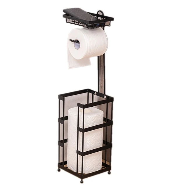 2 Pack Free Standing Toilet Paper Holder Stand, Toilet Tissue Paper Roll  Storage Holder with Shelf and Reserve for Bathroom Storage Holds Wipe,  Mobile Phone, Mega Rolls, Black