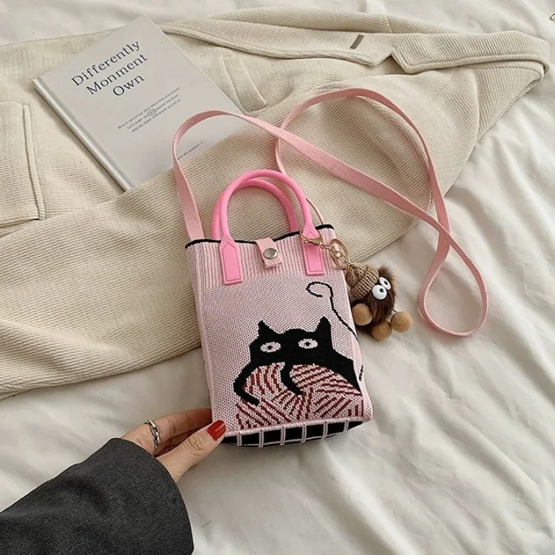 Kawaii Shoulder Bag Mini Knitted Mobile Phone Bag Korean Version Versatile Small Portable Change Bag Messenger Womens