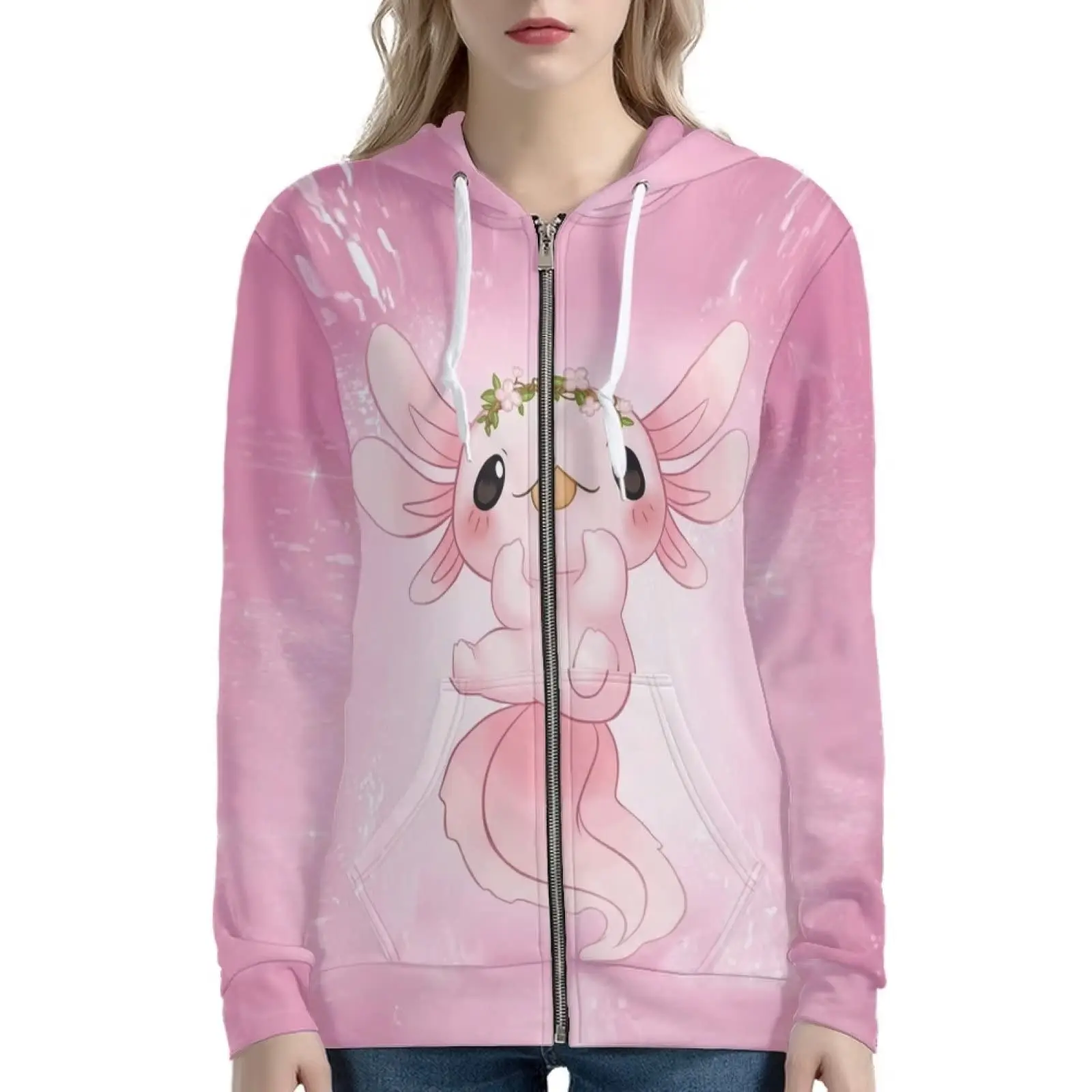 Cute Axolotl Animal Hoodies Funny Animals Zip Up Hoodie Coats Fashion Women Clothing Harajuku Long Sleeve Pockets Sportswear