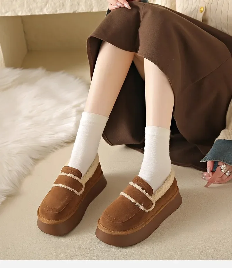Women's Thick Soled Snow Boots Autumn Winter Plush Boken Shoes Retro Height Increasing Warm Anti Slip Cotton Shoes Loafers