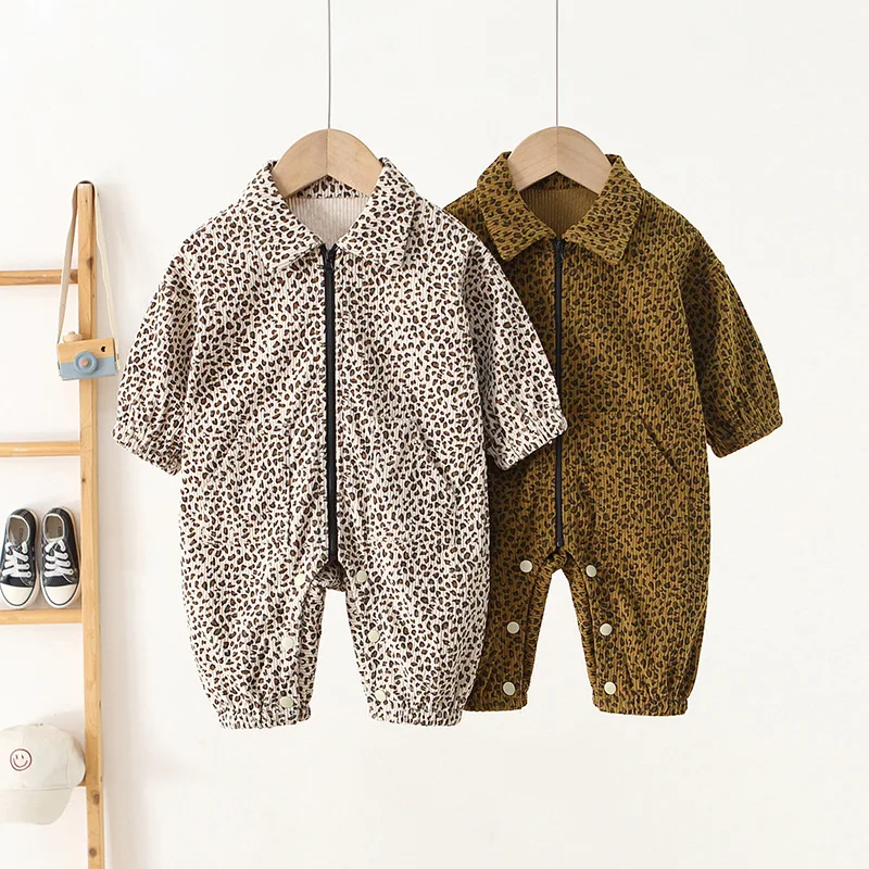 Corduroy Leopard Print Jumpsuits Rompers for Baby Boys Girls