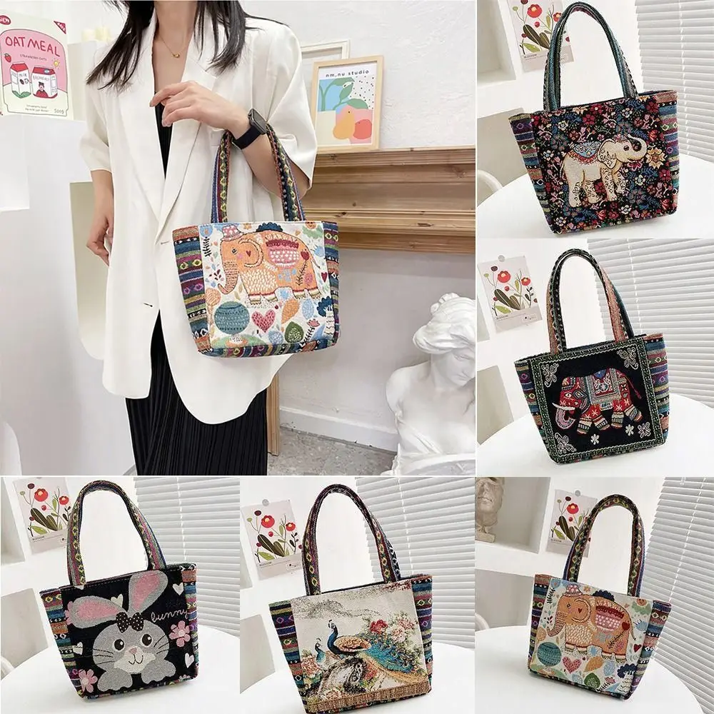 Fashion Women Canvas Handbag Animal Ethnic Style Embroidery Bag Elephant Peacock Rabbit Tote Bag Trendy Storage Bag
